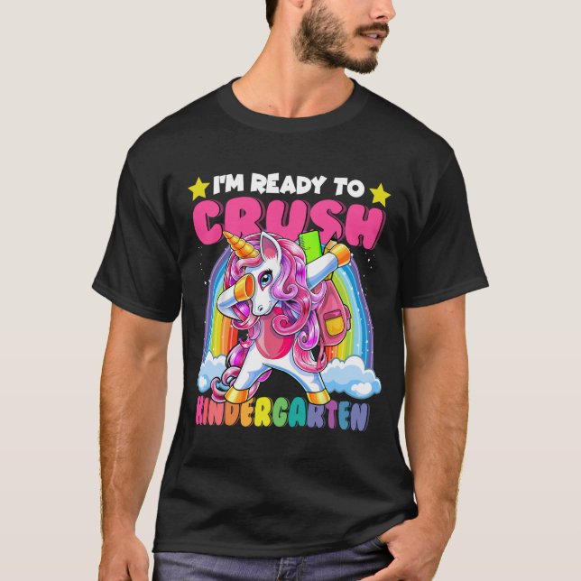 Crush Kindergarten Dabbing Unicorn Back to school T Shirt (Framsida)