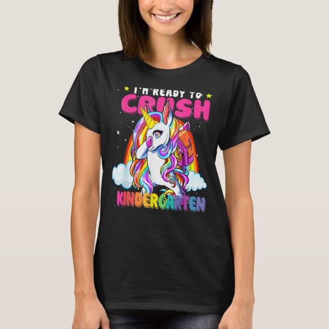 Crush Kindergarten Dabbing Unicorn Back To School  T Shirt (Framsida)
