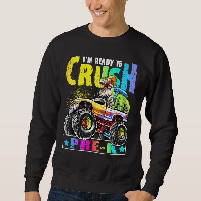 Crush Pre K T Rex Dinosaur Monster Lastbil tillbak Lång Ärmad Tröja (Framsida)