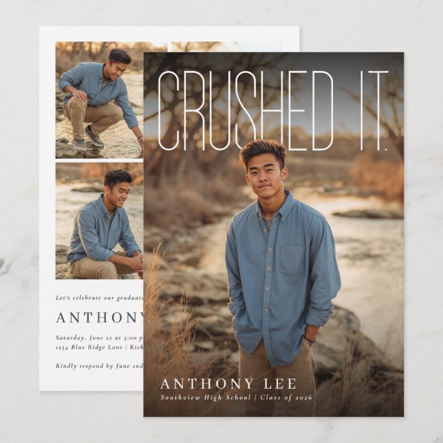 Crushed It PhotoPop Graduation Party Inbjudningar (Fram/baksida)