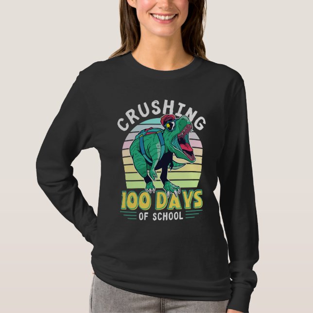 Crushing 100 Days of School Dinosaur Rex Dino Boys T Shirt (Framsida)