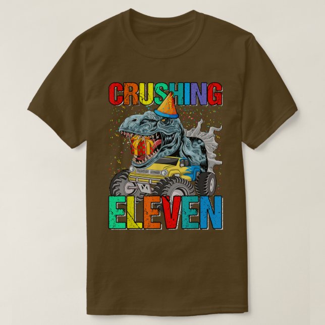 Crushing Eleven Birthday Monster Truck Dinosaur  T Shirt (Design framsida)