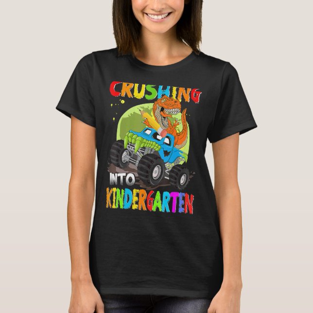Crushing Into Kindergarten Monster Truck Dinosaur  T Shirt (Framsida)