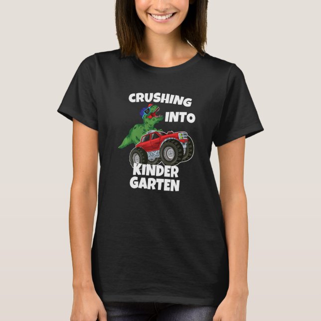Crushing into Kindergarten Monster Truck Dinosaur  T Shirt (Framsida)