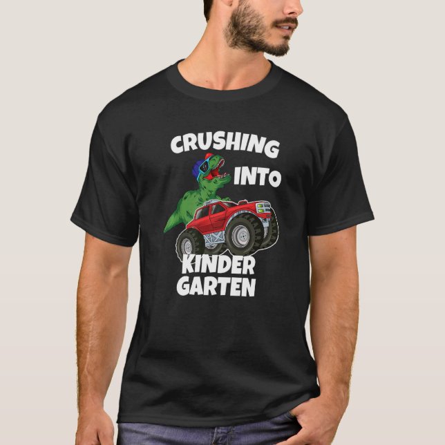 Crushing into Kindergarten Monster Truck Dinosaur  T Shirt (Framsida)