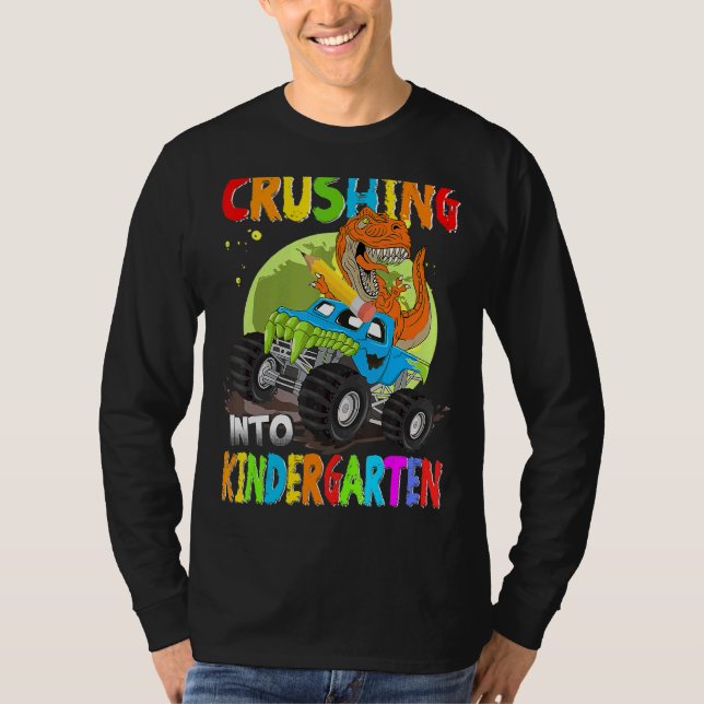 Crushing Into Kindergarten Monster Truck Dinosaur  T Shirt (Framsida)