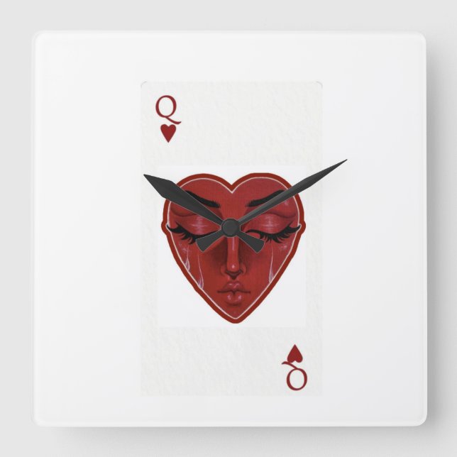 Crying Queen of Hearts Surreal Playing Card Design Fyrkantig Klocka (Framsida)