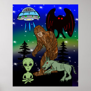 Cryptid Big Foot Alien Mothman UFO Chupacabra Poster