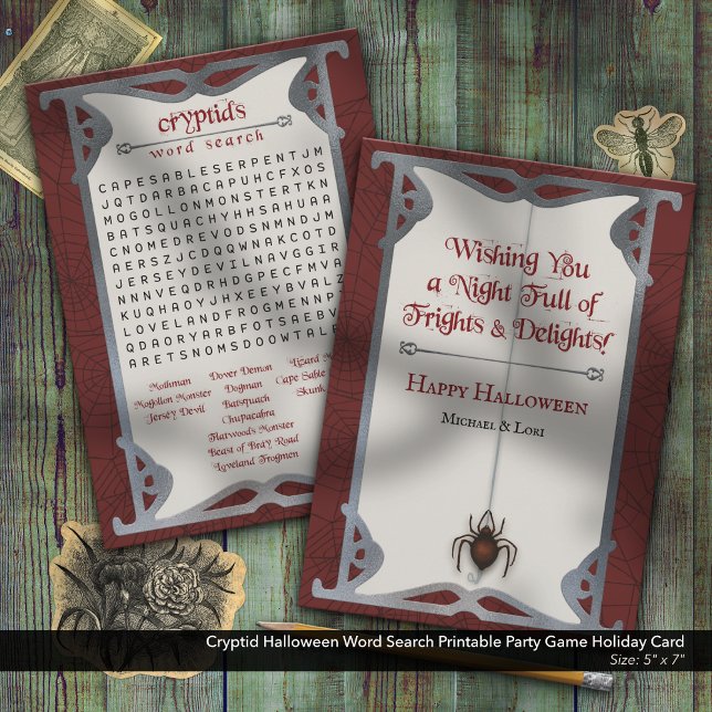 Cryptid Halloween Ord Search Printable Party Game Julkort (Cryptid Halloween Word Search–Printable Holiday Party Activity)