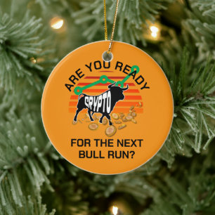 CRYPTO BULL SPRINGA är Redo Orange Bitcoin Julgransprydnad Keramik