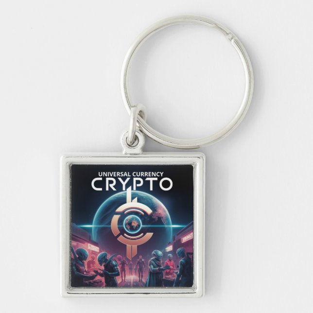 Crypto Planet Fyrkantig Silverfärgad Nyckelring (Framsidan)