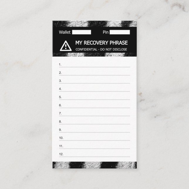 Crypto Wallet Zebra Recovery Seed Frase 12 Visitkort (Framsida)