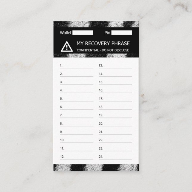 Crypto Wallet Zebra Recovery Seed Rase 24 Visitkort (Framsida)