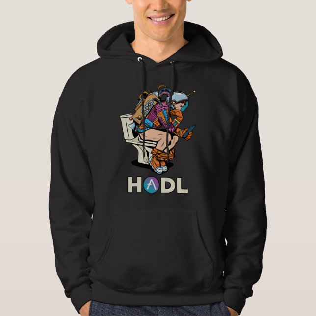 Cryptocurrency Aave HODL Space Man On Toilet Merch Hoodie (Framsida)