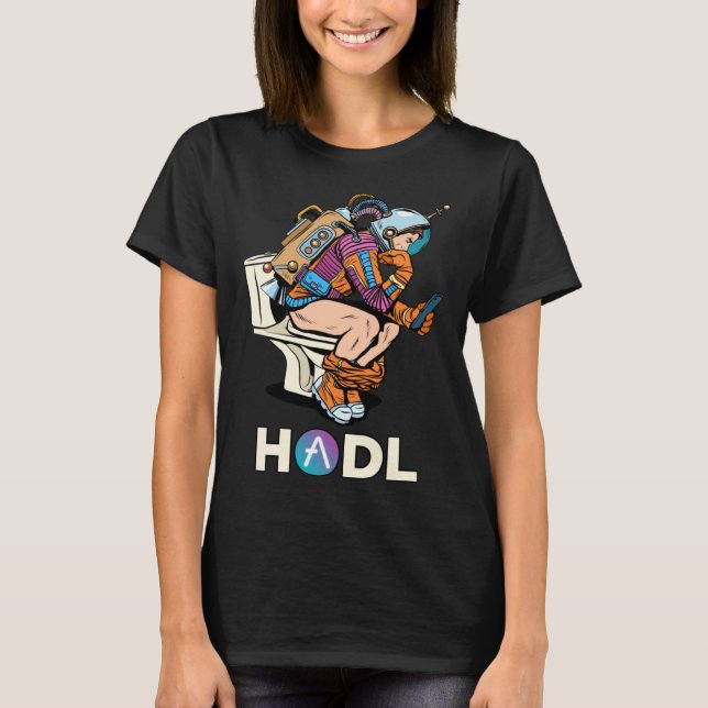 Cryptocurrency Aave HODL Space Man On Toilet Merch T Shirt (Framsida)