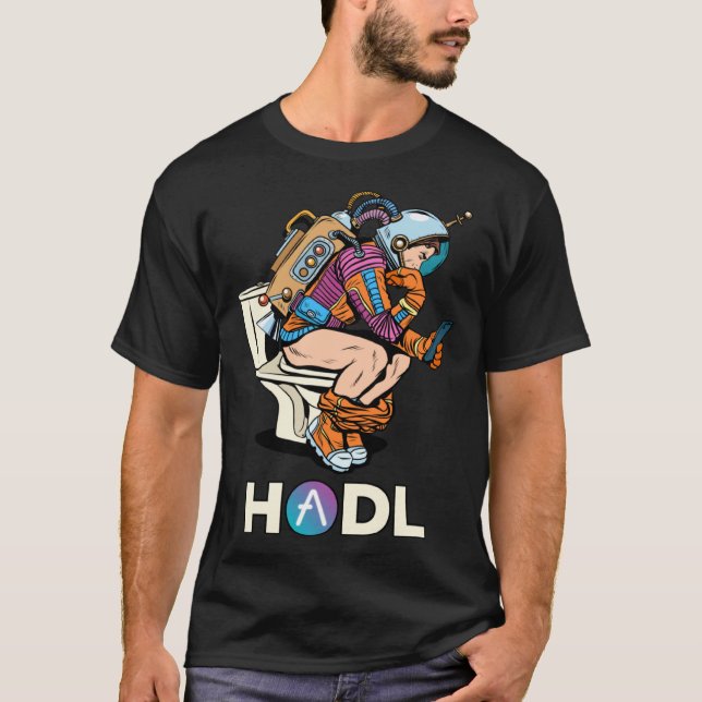 Cryptocurrency Aave HODL Space Man On Toilet Merch T Shirt (Framsida)