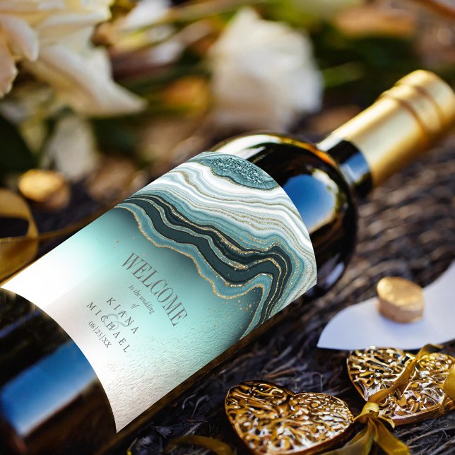 Crystal Agate Bröllop Welcome Teal ID825 Vinflaska Etikett (Skapare uppladdad)