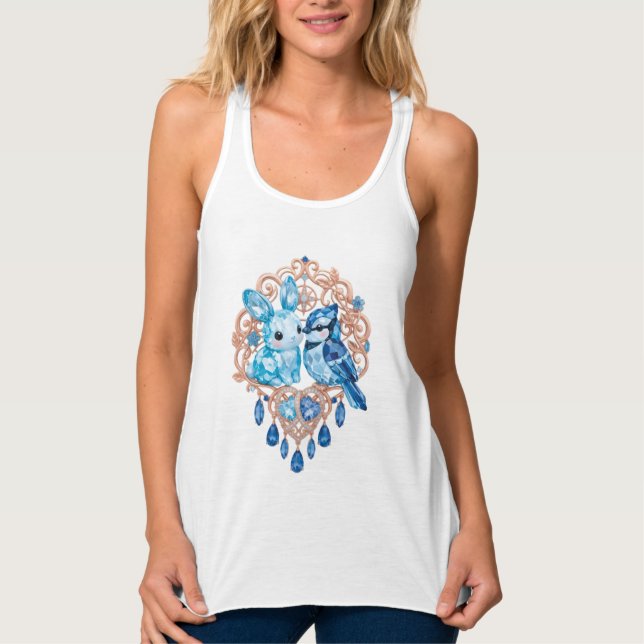 Crystal Blue Bunny and Blue Jay Heart Linne Med Racerback (Framsida)