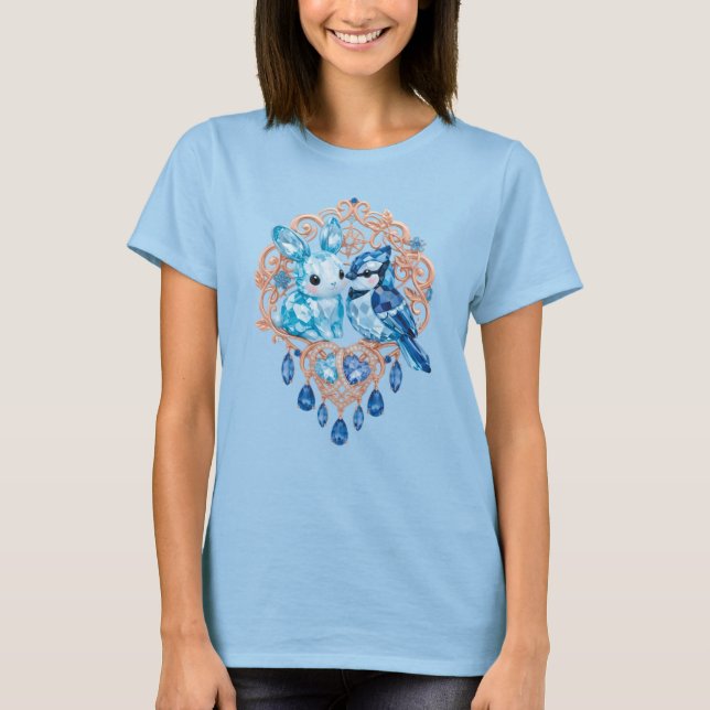 Crystal Blue Bunny and Blue Jay Heart T Shirt (Framsida)