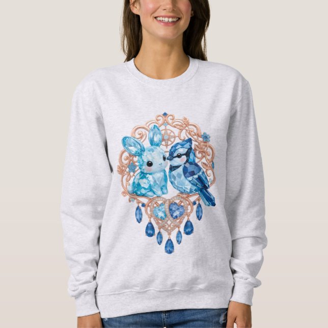 Crystal Blue Bunny and Blue Jay Heart T Shirt (Framsida)