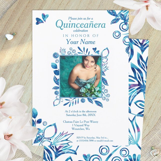 Crystal Blue Mönster Quinceanera-inbjudan Inbjudningar (royal blue floral quinceanera invitation with ornate photo border)