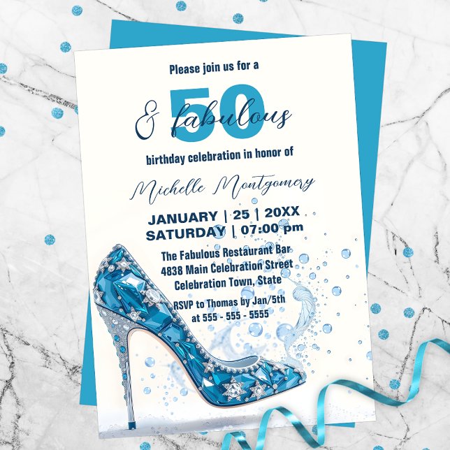 Crystal Blue Stiletto med Gemstones 50:e födelseda Inbjudningar (Skapare uppladdad)