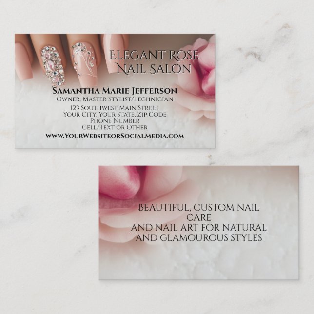 Crystal Blush Modern Elegant Manikyr Nagelsalong Visitkort (Fram/baksida)
