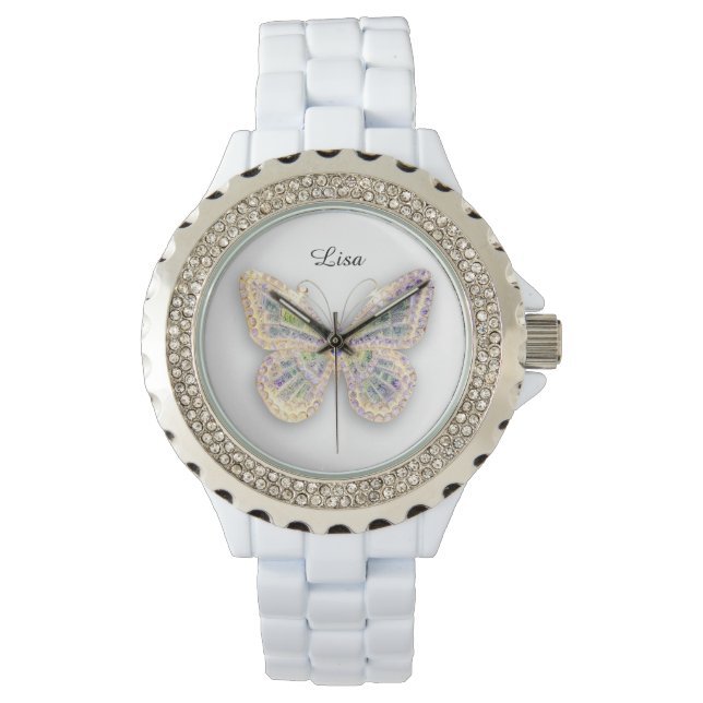 Crystal Butterfly - Sporty White Silicon Watch Armbandsur (Framsida)
