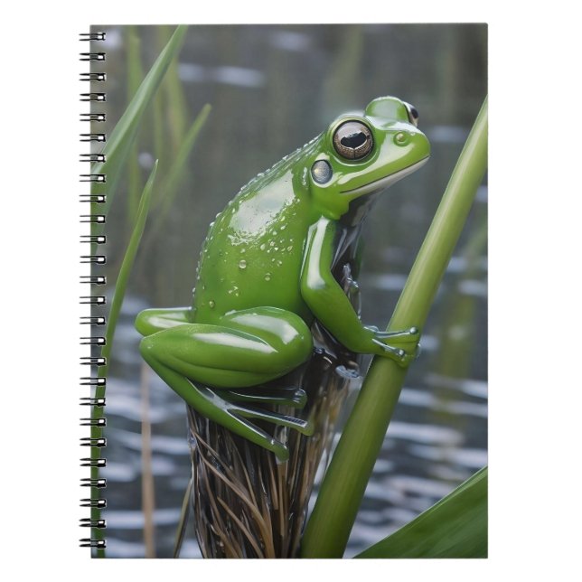 "Crystal Clarity: Grönt Glass Frog on River Reeds" Anteckningsbok (Framsidan)