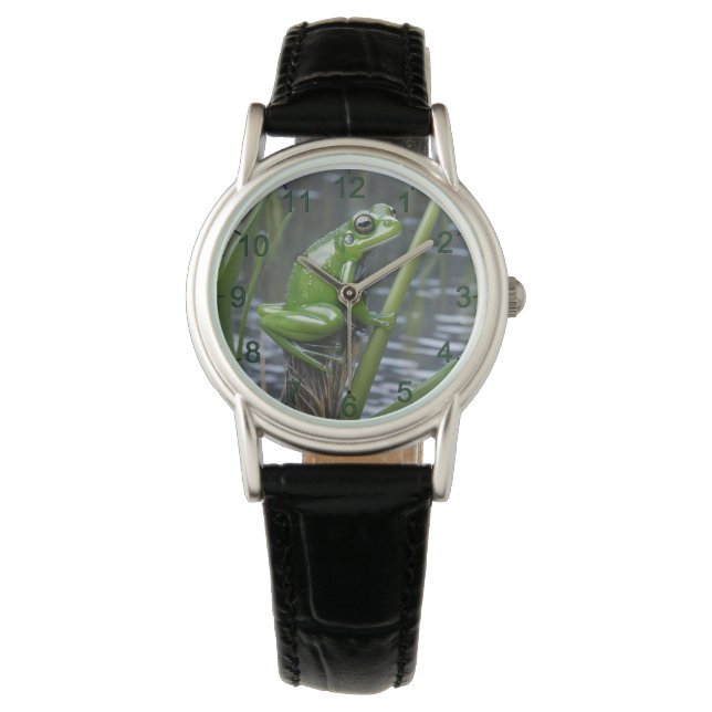"Crystal Clarity: Grönt Glass Frog on River Reeds" Armbandsur (Framsida)