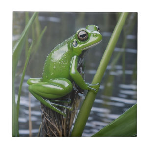 "Crystal Clarity: Grönt Glass Frog on River Reeds" Kakelplatta