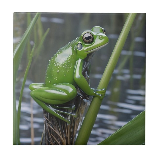 "Crystal Clarity: Grönt Glass Frog on River Reeds" Kakelplatta (Framsidan)