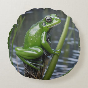"Crystal Clarity: Grönt Glass Frog on River Reeds" Rund Kudde
