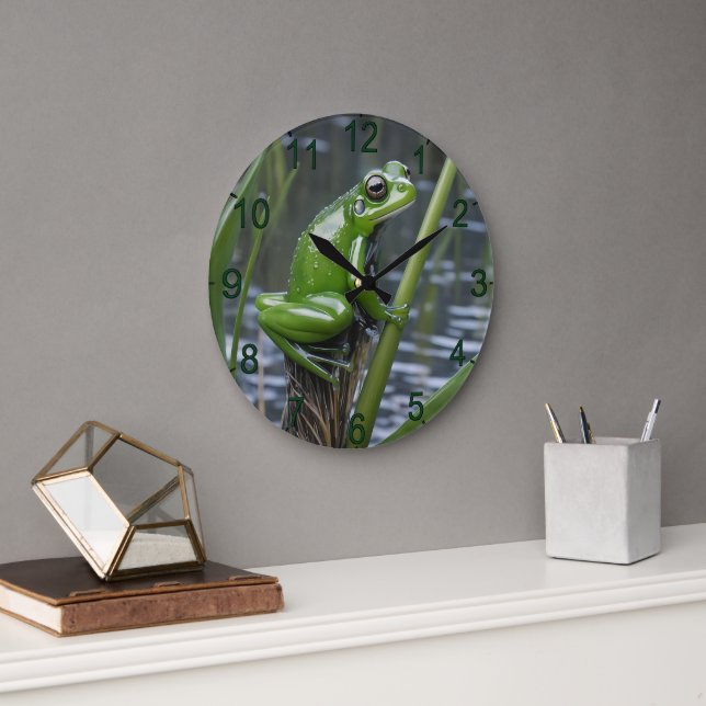 "Crystal Clarity: Grönt Glass Frog on River Reeds" Stor Klocka (Kontor)