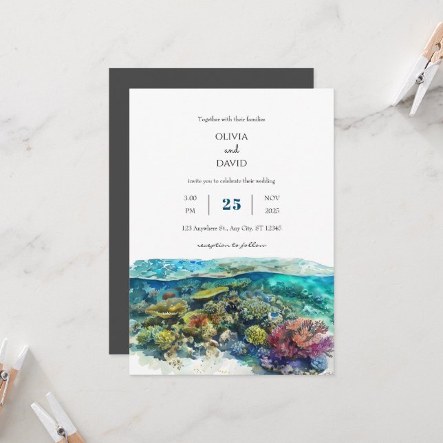 Crystal Clear Coral Reef Tropical Beach Wedding Inbjudningar (Fram/Back In Situ)
