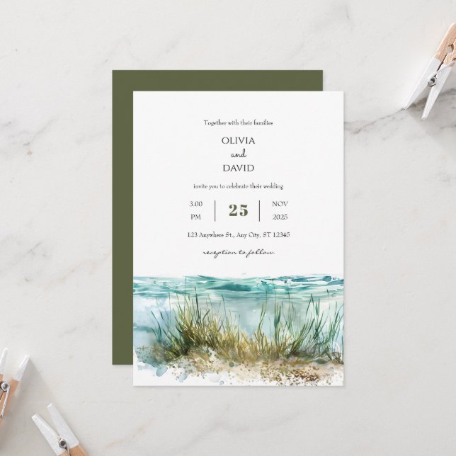 Crystal Clear Vatten Seagrass Marine Beach Wedding Inbjudningar (Fram/Back In Situ)