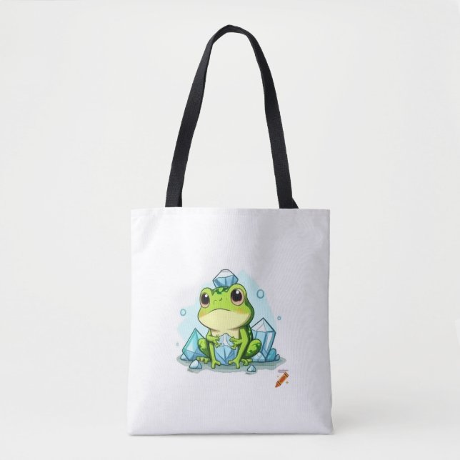 "Crystal Frog Tote Bag: Cute Frog Holding Crystals Tygkasse (Framsida)