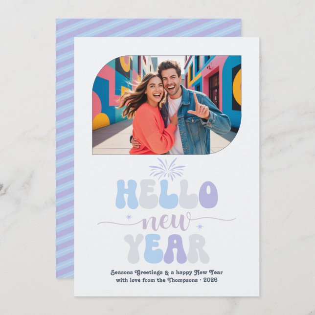 Crystal Glow Hello New Year Blue Retro Photo Julkort (Fram/baksida)