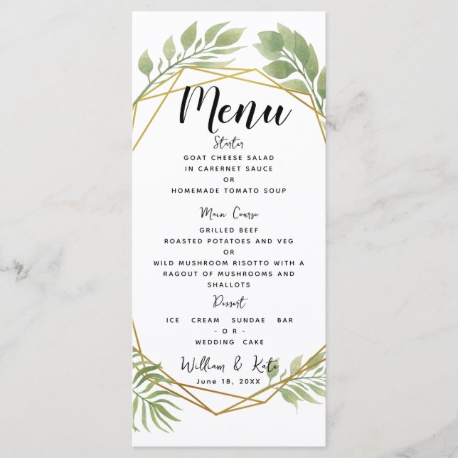 Crystal Greenery bröllop meny foliage TEMPLATE (Framsida)