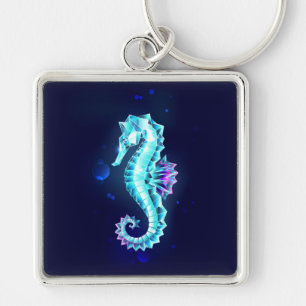 Crystal Ice Seahorse on Blue Background Fyrkantig Silverfärgad Nyckelring