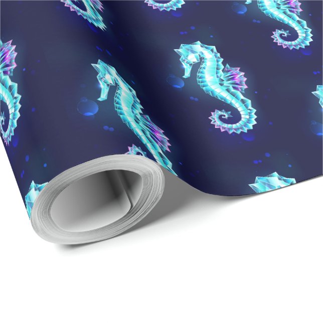 Crystal Ice Seahorse on Blue Background Presentpapper (Rullad Hörn)