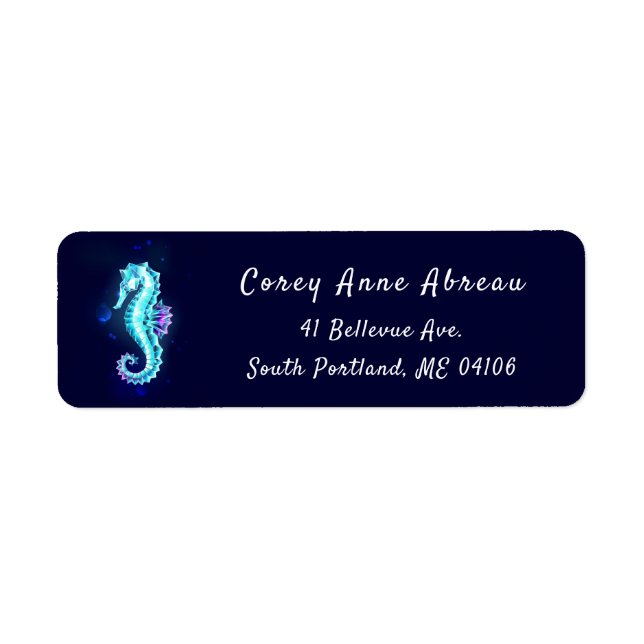 Crystal Ice Seahorse on Blue Background Returadress Etikett (Framsidan)