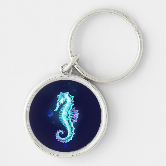 Crystal Ice Seahorse on Blue Background Rund Silverfärgad Nyckelring (Framsidan)