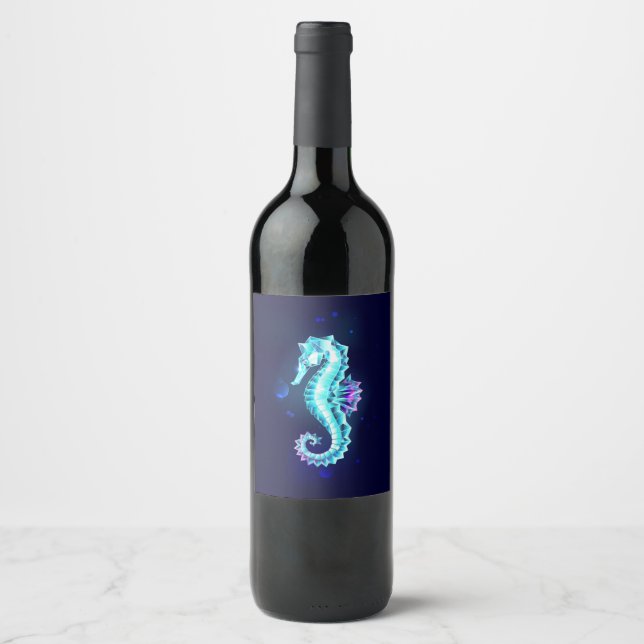 Crystal Ice Seahorse on Blue Background Vinflaska Etikett (Framsida)
