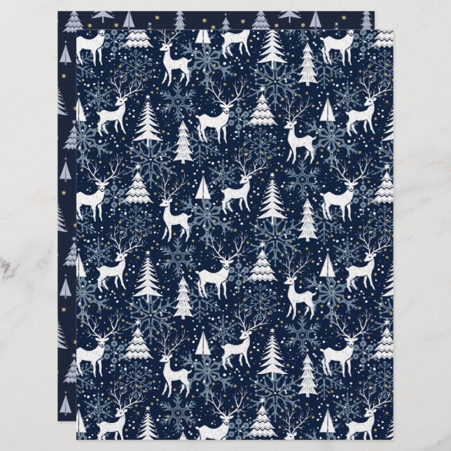 Crystal-julens Hjort Blue-Grått Scrapbook Papper (Fram/baksida)