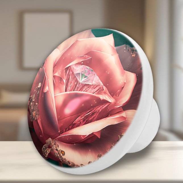Crystal Rosa ros Ceramic Knob Knopp (Diamond Pink Rose Fantasy Ceramic Knob for Bedroom, Bath or Living Room Accents)