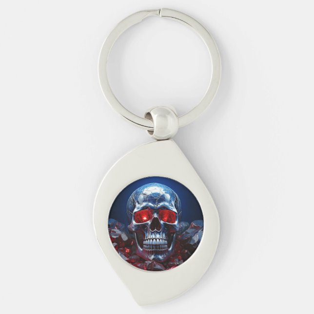 Crystal Skull med Ruby Red Ögon Metall Keychain Swirl Silverfärgad Nyckelring (Framsidan)