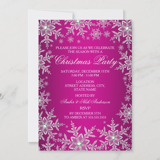 Crystal snöflinga Hot Pink Julfest Inbjudan (Framsida)