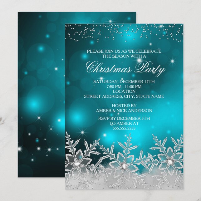 Crystal Snowflake Teal jul Party Inbjudan (Fram/baksida)