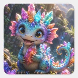 Crystal Sprout – Söt kristalldrake fantasykonst Fyrkantigt Klistermärke